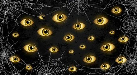 An Eerie Scene of Glowing Eyes Trapped in a Cobweb