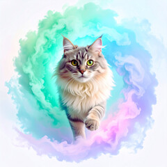 Fototapeta premium Front-Facing Cat Emerging from a Spiral of Colored Mist in Pastel Style