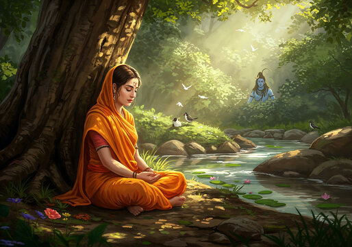 Young Parvati Meditating in Solitude Under Tree to Win Lord Shiva&rsquo;s Heart in Minimal Ink and Wash Style
