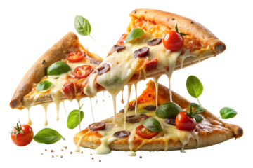 Three slices of mouthwatering pizza with melting cheese fresh tomatoes and basil leaves are isolated on white isolated on transparent