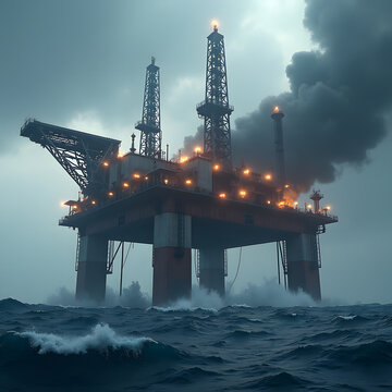 A burning offshore oil rig is shown amidst a rough, stormy sea with dark clouds.