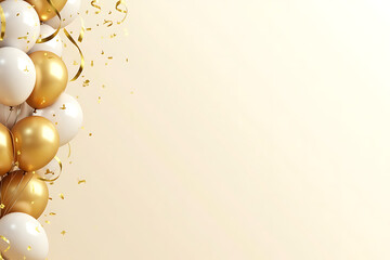 A gold and white background with a bunch of gold and white balloons. The balloons are scattered around the background and are in different sizes