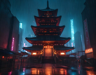 Cyberpunk temple, japanese abstract illustration, futuristic city, dystoptic artwork at night, 4k wallpaper. Rain moody empty future., night view of the temple