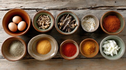 Colorful Sichuan ingredients spices, mushrooms, and onions are beautifully arranged on a wooden table bathed in natural light
