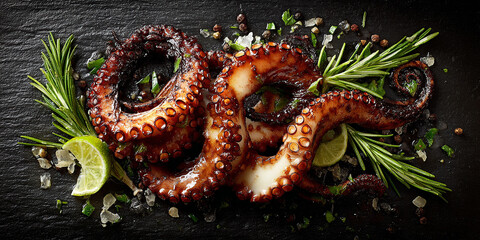 Grilled octopus greek food on dark background