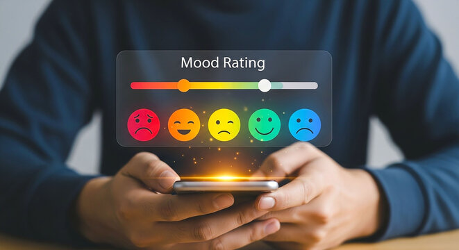 Person using a smartphone to rate their mood on a scale with various happy and sad face emojis