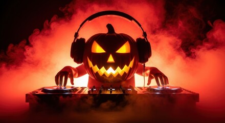 Scary Halloween Pumpkin DJ spinning spooky tunes with red smoke