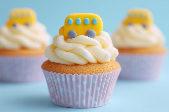Back-to-School Cupcakes with Marzipan School Buses on Pastel Blue Background