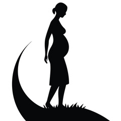 Pregnant woman silhouette on grassy hill black and white