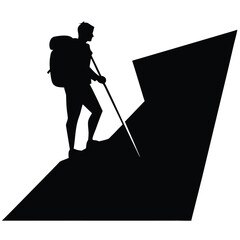 Silhouette of hiker ascending rocky peak climbing mountain