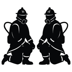 Two firefighters kneeling in protective gear helmet