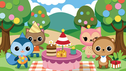 Obraz premium Charming animal characters at a whimsical picnic party creating joyful memories