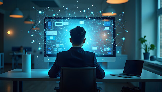 Businessman analyzing data on a computer screen in a modern office setting.