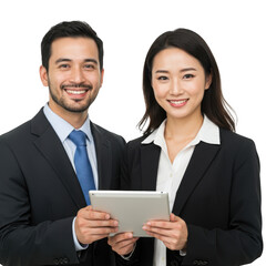 Business partners with tablet isolated on transparent background