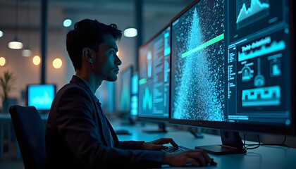 A focused professional works on a computer, analyzing data in a modern office setting.