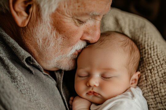 In a tender moment, a grandpa kisses his sleeping newborn grandchild on the forehead, showcasing deep affection and connection. The cozy atmosphere highlights their bond - Powered by Adobe