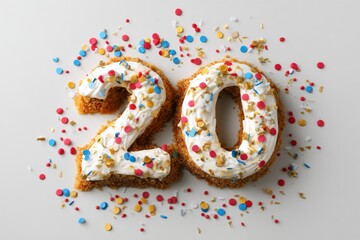 Celebration cake shaped like the number twenty with colorful sprinkles on a white background
