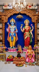 Ganesha idol hindu god statue with candles and flowers for diwali festival celebration worship