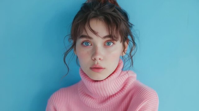 A woman wearing a bright pink turtle neck sweater