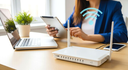 Woman using tablet near laptop and router with wifi symbol on desk in bright office setting indoors
