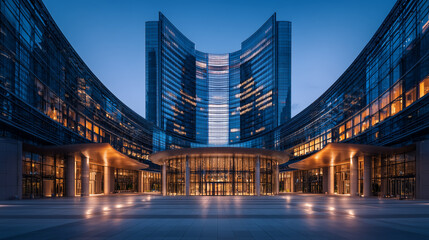 Obraz premium Modern Architecture At Night With Glass Facade And Illuminated Entrance