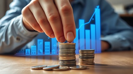 Hand stacking coins with financial graph money finance