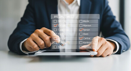 A person using a tablet with a recruitment checklist interface in a formal business setting view close up