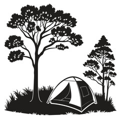 Peaceful Campsite Surrounded by Majestic Trees and Grassy Terrain