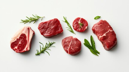 fresh raw meat selection neatly arranged on a white background, top-down view, high detail
