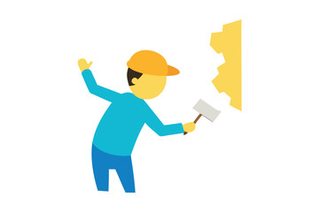 Construction worker with hammer breaking yellow wall
