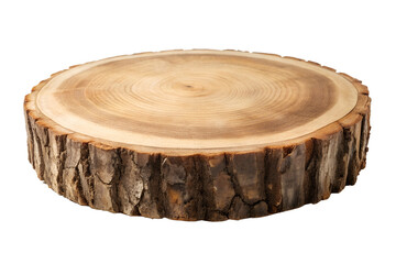 A closeup studio shot shows a round natural wood slice with visible tree rings and a rough bark edge isolated on transparent background
