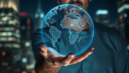 Fototapeta premium Man holding glowing digital earth with city lights globe hand