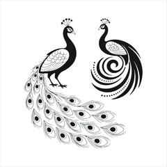 Fototapeta premium Decorative Peacock Vector Set in Black and White,Stylized Peacock Illustrations with Ornamental Feathers,Elegant Peacock Line Art Collection,Tribal Style Peacock Vector Designs,Abstract Peacock Bird