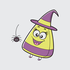 Obraz premium Happy halloween candy corn character wearing a witch hat with a spider