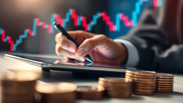 Person analyzing financial chart on tablet with coins and stylus image - Powered by Adobe
