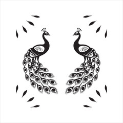 Fototapeta premium Decorative Peacock Vector Set in Black and White,Stylized Peacock Illustrations with Ornamental Feathers,Elegant Peacock Line Art Collection,Tribal Style Peacock Vector Designs,Abstract Peacock Bird
