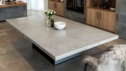 Modern concrete dining table with minimalist decor in a stylish kitchen