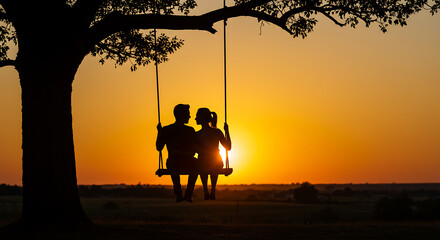 Silhouette of a loving couple sitting on a tree swing, enjoying a beautiful and romantic sunset together.