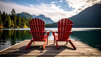 Two red Adirondack chairs on a wooden dock overlooking a serene lake and mountains (1)