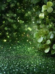 Green Glitter Background with Vine Leaves and Sparkle Effect