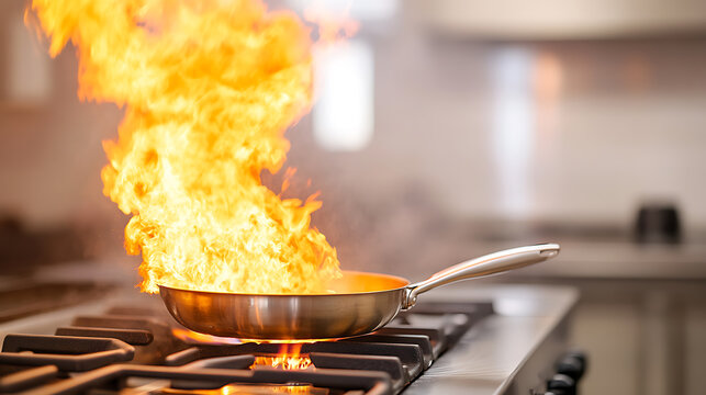 Cooking on Fire: Flames erupt from a frying pan on a gas stove, creating a dramatic scene in the kitchen.