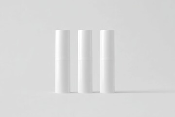 Three upright white lip balm tubes mockup, standing side by side, clean and minimal design, blank label, on a smooth light gray background