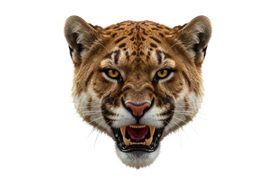 Cougar snarling, head closeup, dark background, wildlife print