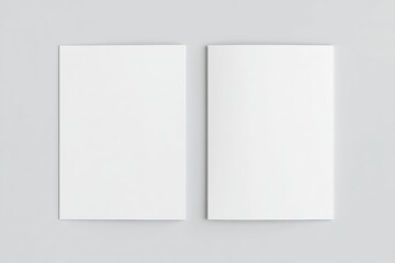 Top-down view of two blank white A4 portrait magazines or catalogs placed side by side on a smooth light gray background