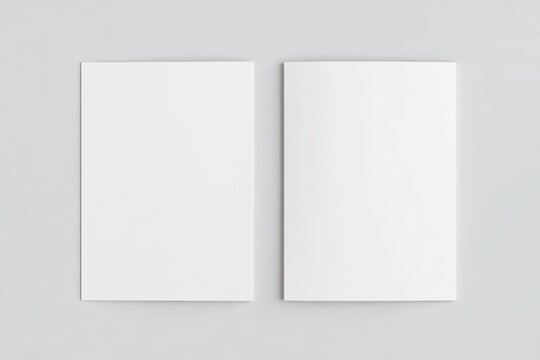 Top-down view of two blank white A4 portrait magazines or catalogs placed side by side on a smooth light gray background