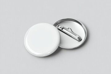 Two overlapping round pin button badges, one showing a blank white front surface, the other showing a metallic back with pin clasp