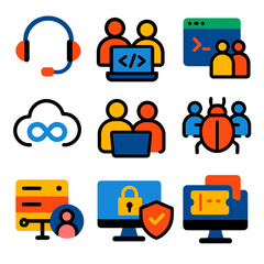 IT Collaboration Icons. Flat vector icons of IT collaboration and support: tech support headset, team coding icon, shared terminal