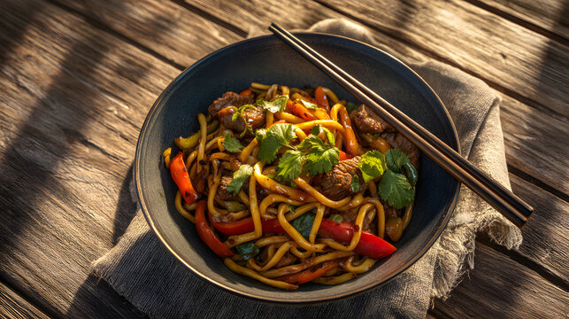 A deep ceramic bowl filled with Uyghur laghman noodles