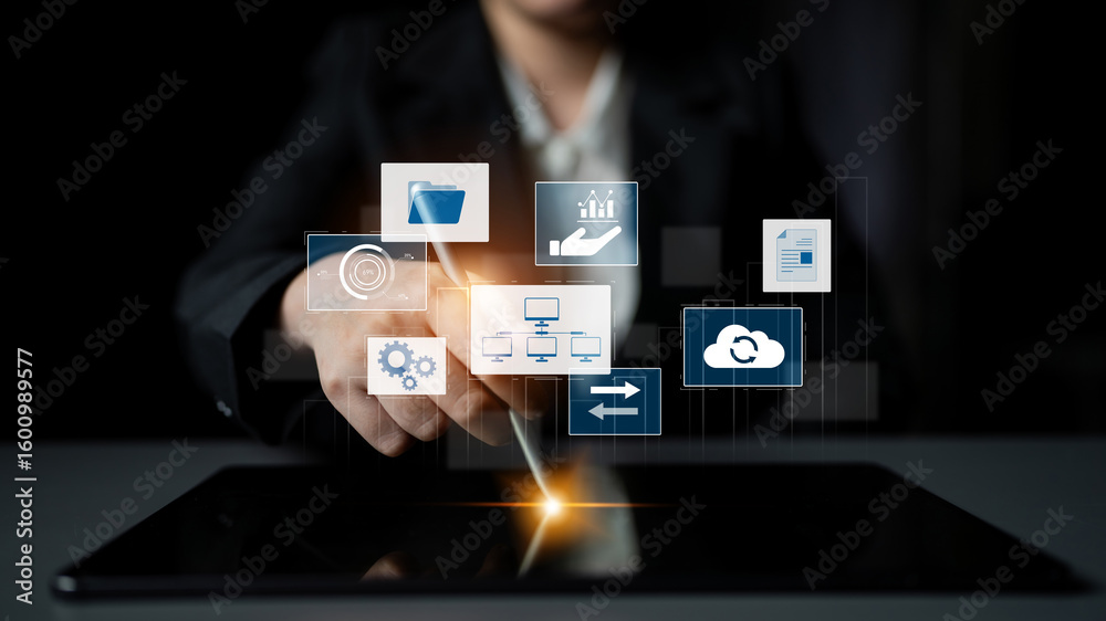Poster digital business infrastructure with data system, analytics, sync. system management improves access