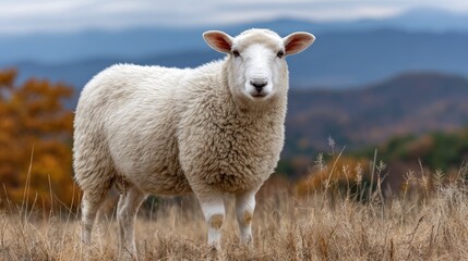 A fluffy white sheep stands in green grass, surrounded by distant mountains and soft clouds under a serene sky